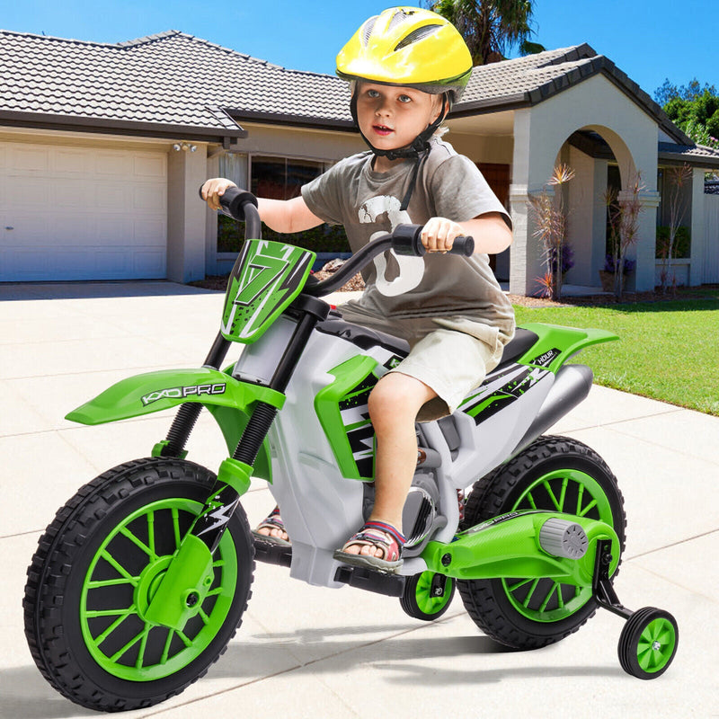 Load image into Gallery viewer, Green 12V Electric Kids Ride-On Motorcycle with Training Wheels

