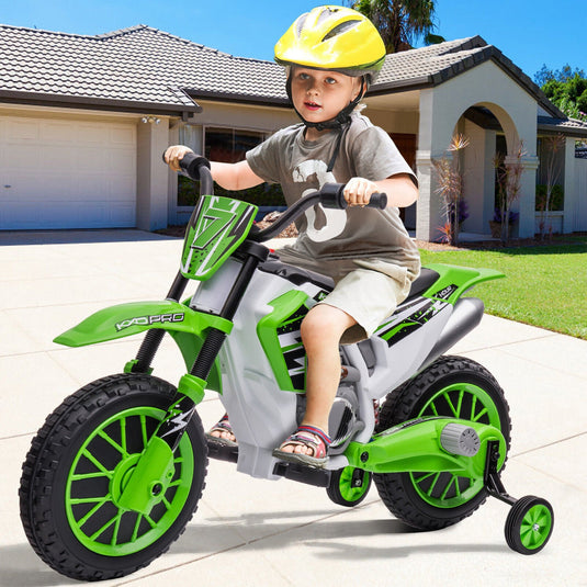 Green 12V Electric Kids Ride-On Motorcycle with Training Wheels