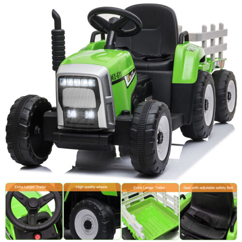 Green 12V Electric Tractor with Trailer for Kids - Remote Control Ride On Toy for Toddlers