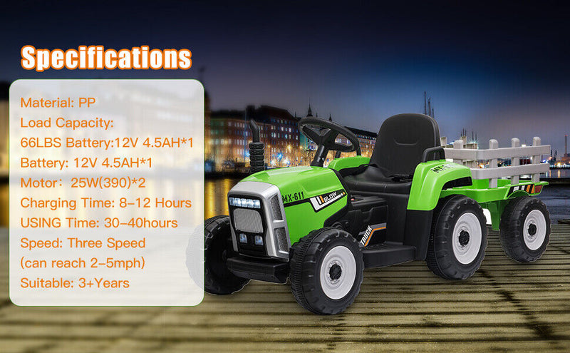 Load image into Gallery viewer, Green 12V Electric Tractor with Trailer for Toddlers - Remote Controlled Ride On Car
