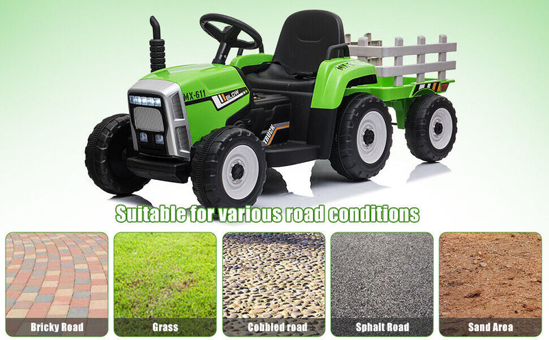 Load image into Gallery viewer, Green 12V Electric Tractor with Trailer for Toddlers - Remote Controlled Ride On Car
