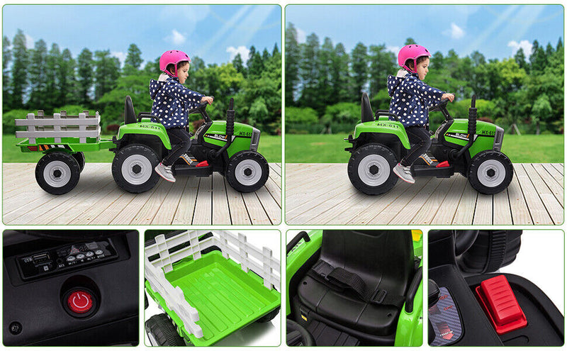 Load image into Gallery viewer, Electric Green Tractor Ride-On Toy for Kids with Remote Control and Trailer - 3 Speed Options
