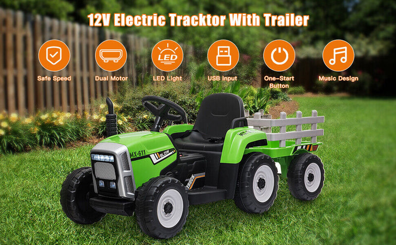 Load image into Gallery viewer, Electric Green Tractor Ride-On Toy for Kids with Remote Control and Trailer - 3 Speed Options
