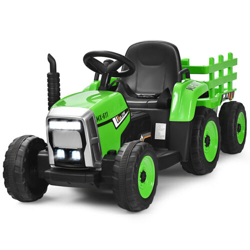 Load image into Gallery viewer, Green 12V Kids Ride On Tractor Trailer with RC Control and Lights
