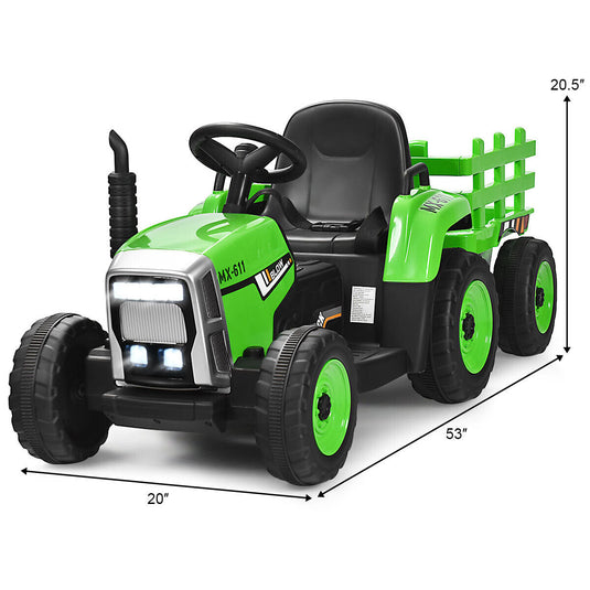 Green 12V Kids Ride On Tractor Trailer with RC Control and Lights