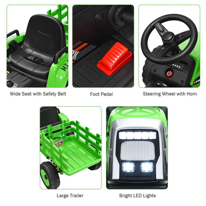 Load image into Gallery viewer, Green 12V Kids Ride On Tractor Trailer with RC Control and Lights
