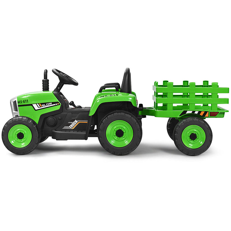 Load image into Gallery viewer, Green 12V Kids Ride On Tractor Trailer with RC Control and Lights
