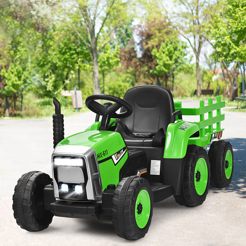 Load image into Gallery viewer, Green 12V Kids Ride On Tractor with Trailer and Remote Control - Featuring Lights and Ground Loader

