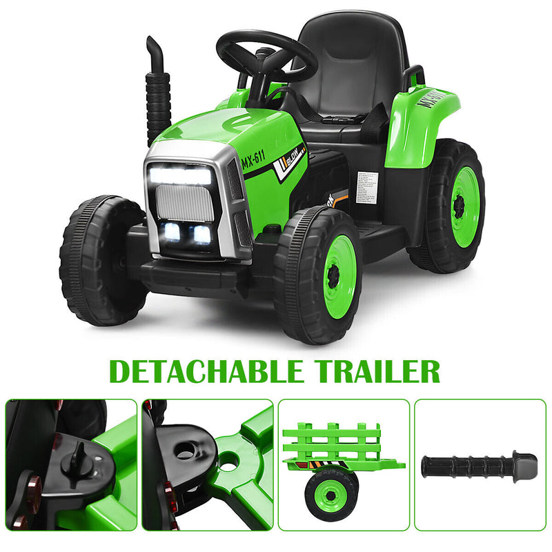 Load image into Gallery viewer, Green 12V Kids Ride On Tractor with Trailer and Remote Control - Featuring Lights and Ground Loader
