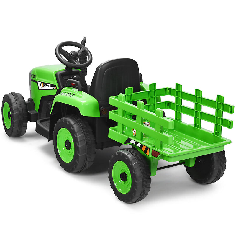 Load image into Gallery viewer, Green 12V Kids Ride On Tractor with Trailer and Remote Control - Featuring Lights and Ground Loader
