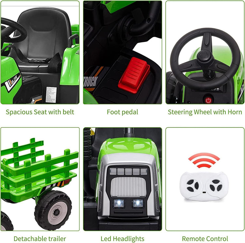 Load image into Gallery viewer, Green 12V Ride-On Tractor with Trailer and Remote Control for Kids, Featuring LED Headlights
