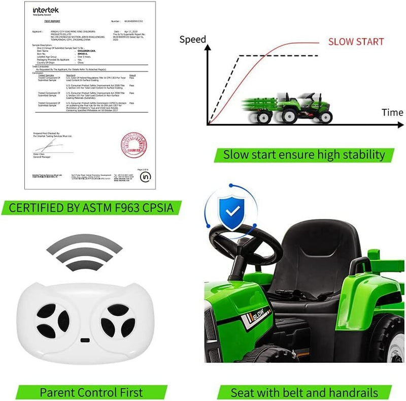 Load image into Gallery viewer, Green 12V Ride-On Tractor with Trailer and Remote Control for Kids, Featuring LED Headlights
