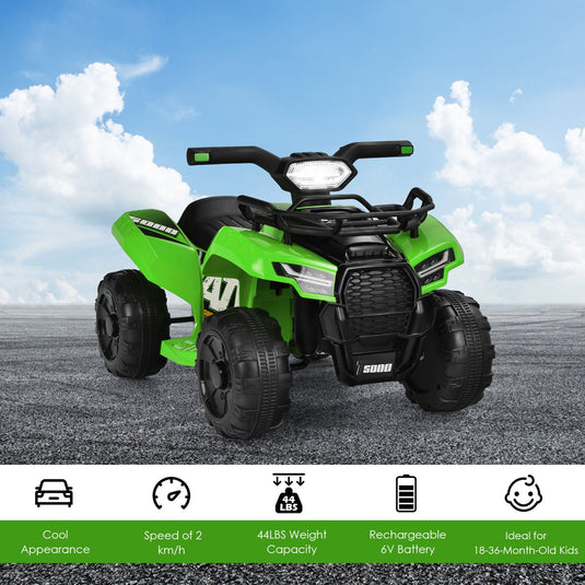 Green 6V ATV Quad Ride-On Car for Kids with Music, Horn, and LED Lights
