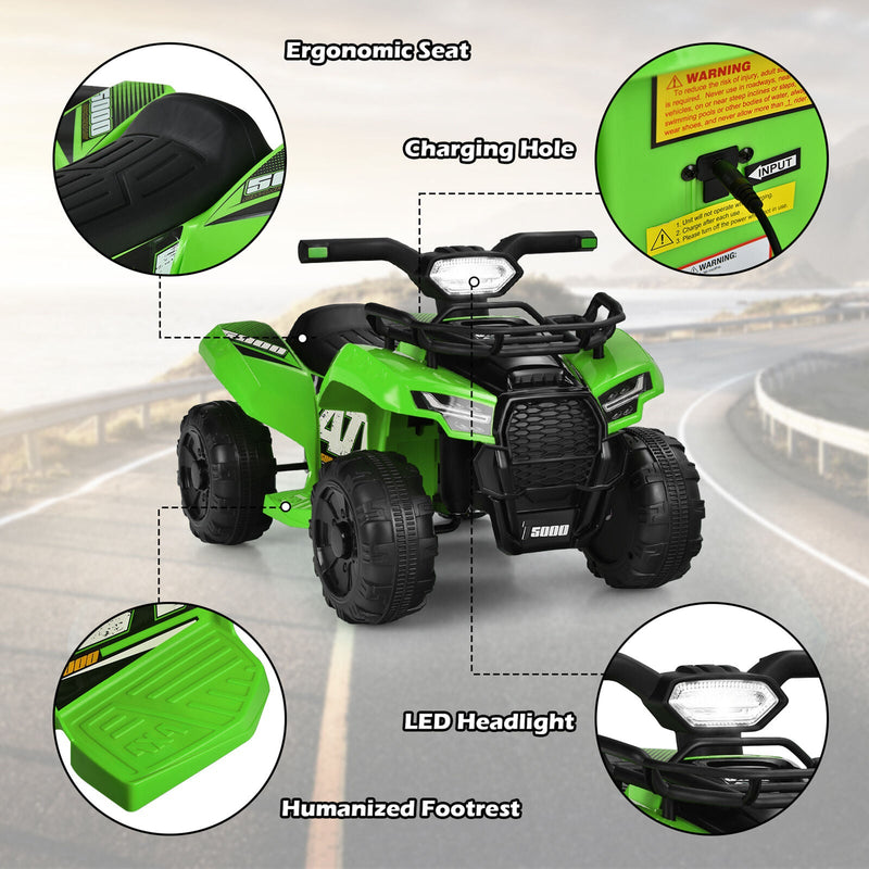 Load image into Gallery viewer, Green 6V ATV Quad Ride-On Car for Kids with Music, Horn, and LED Lights
