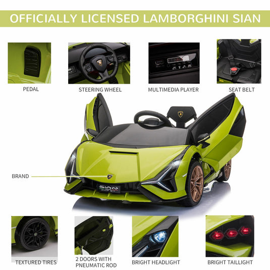 Green Lamborghini SIAN 12V Kids Ride On Car with Remote Control - Rechargeable Toy