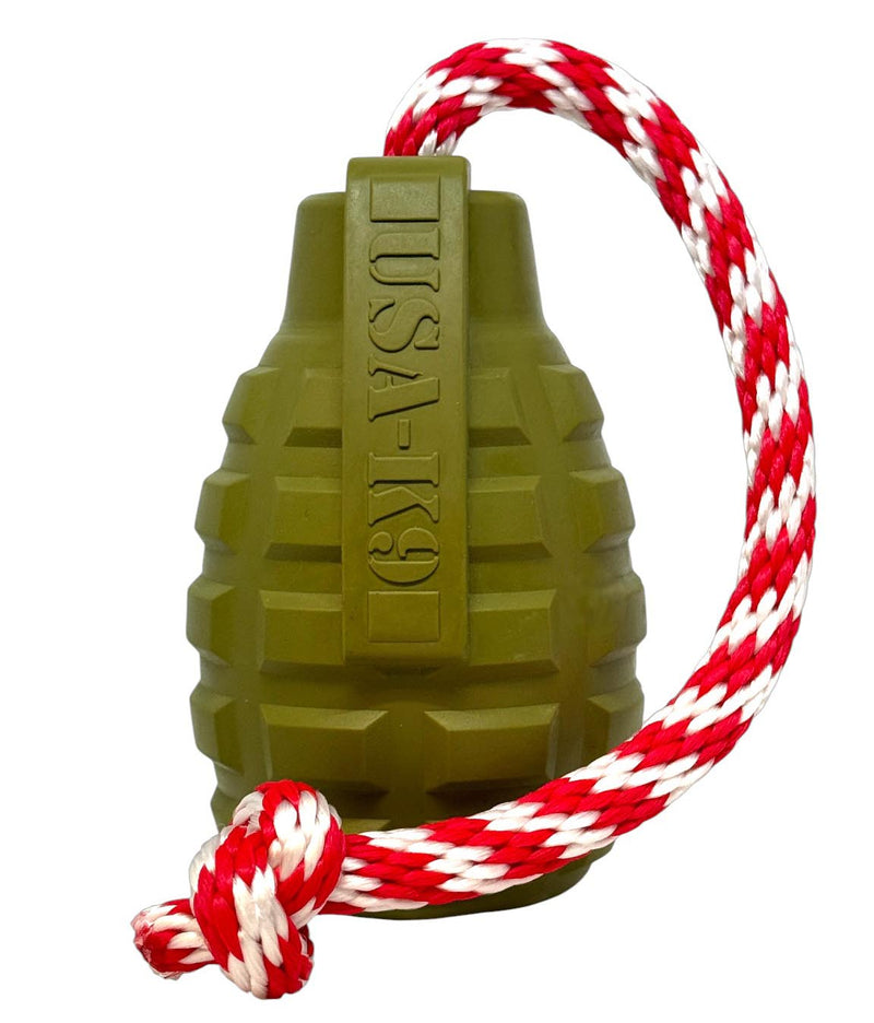 Load image into Gallery viewer, USA-K9 Grenade Shaped Rubber Dog Toy - Chew, Treat Dispenser &amp; Tug Toy | USA - Army Green
