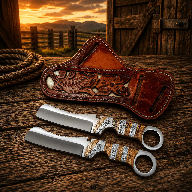 Load image into Gallery viewer, Cowboy Bull Cutter Knife – D2 Steel Blade Copper Engraved Handle
