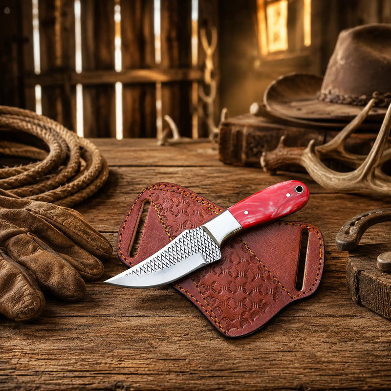 Load image into Gallery viewer, Hand-Forged Rasp Steel Cowboy Skinning Knife – Epoxy Resin Handle &amp; Pancake Leather Sheath

