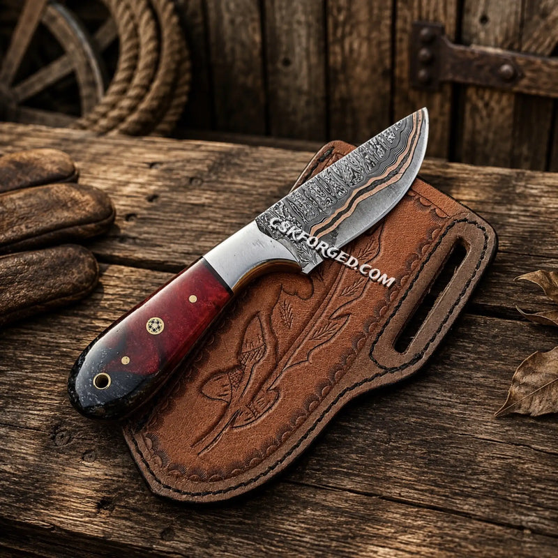 Load image into Gallery viewer, Copper Damascus Ranch Belt Knife – Epoxy Resin Handle &amp; Sheath
