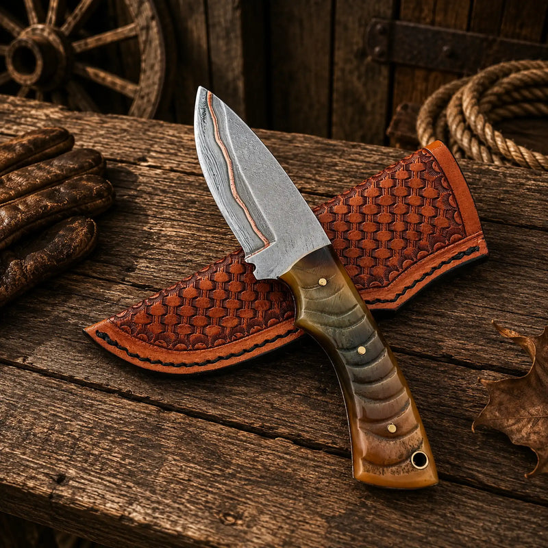 Load image into Gallery viewer, Copper Damascus Hunting Knife – Ram Horn Handle Ranch Belt Carry
