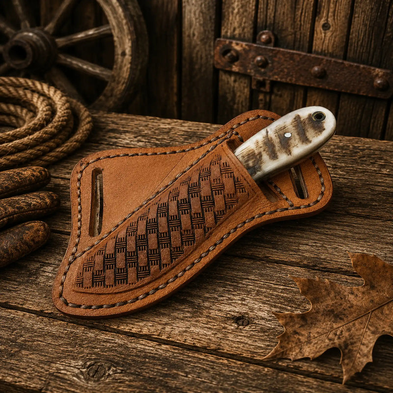Load image into Gallery viewer, Cowboy Knife – 3.25" Damascus Steel Blade with Ram Horn Handle
