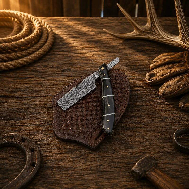 Load image into Gallery viewer, Handmade Damascus Steel Straight Razor Folding Knife – Buffalo Horn Handle
