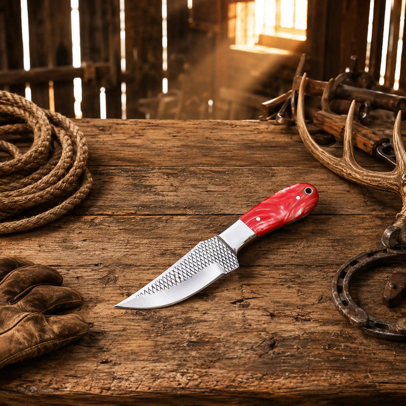 Load image into Gallery viewer, Hand-Forged Rasp Steel Cowboy Skinning Knife – Epoxy Resin Handle &amp; Pancake Leather Sheath
