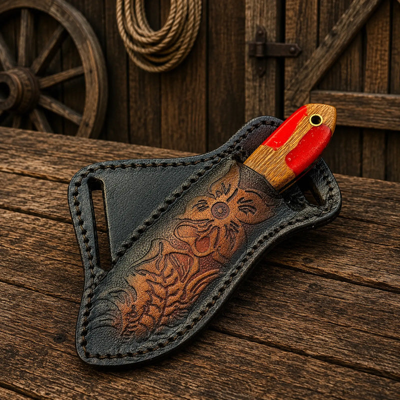 Load image into Gallery viewer, Compact Cowboy Skinning Knife – Rasp Steel with Belt Sheath
