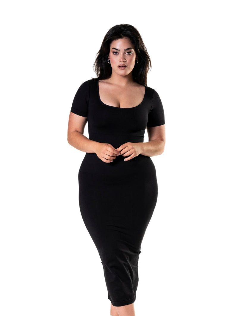 Load image into Gallery viewer, Bodycon Shapewear Midi Slit Dress with Short Sleeves
