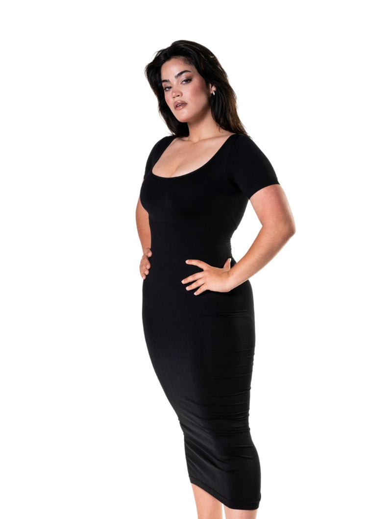 Load image into Gallery viewer, Bodycon Shapewear Midi Slit Dress with Short Sleeves
