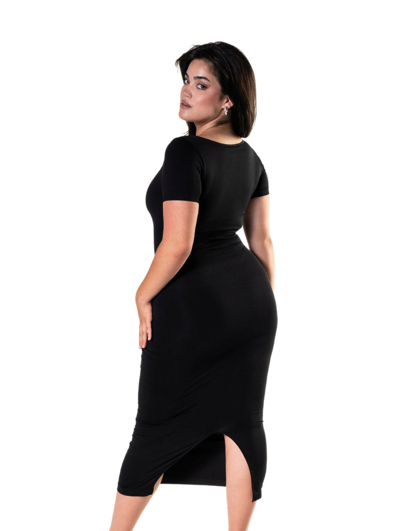 Load image into Gallery viewer, Bodycon Shapewear Midi Slit Dress with Short Sleeves
