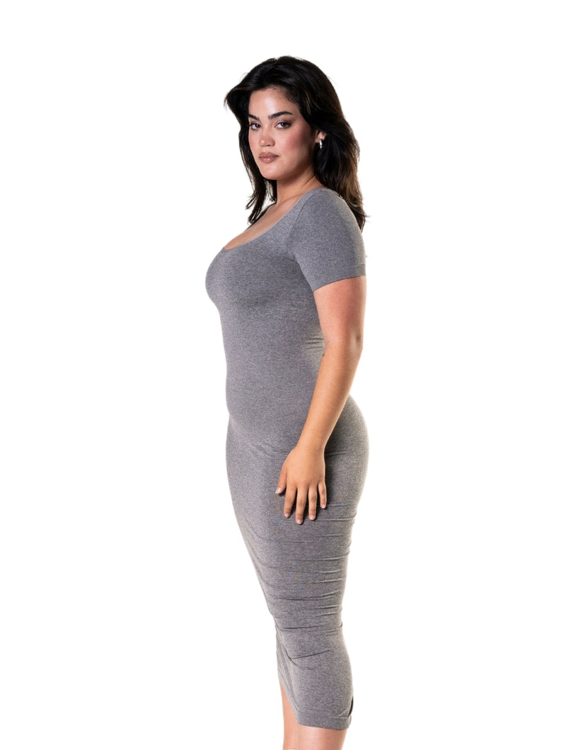 Load image into Gallery viewer, Bodycon Shapewear Midi Slit Dress with Short Sleeves
