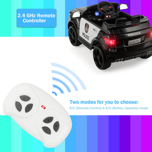 HoneyJoy 12V Kids Police Ride On Car with Remote Control, LED Lights, and Siren - Black