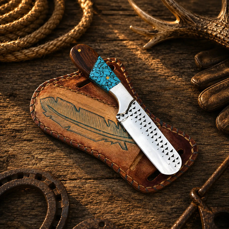 Load image into Gallery viewer, Horse Riding Bull Cutter Knife – 4" Forged Rasp Steel with Turquoise &amp; Rosewood Handle
