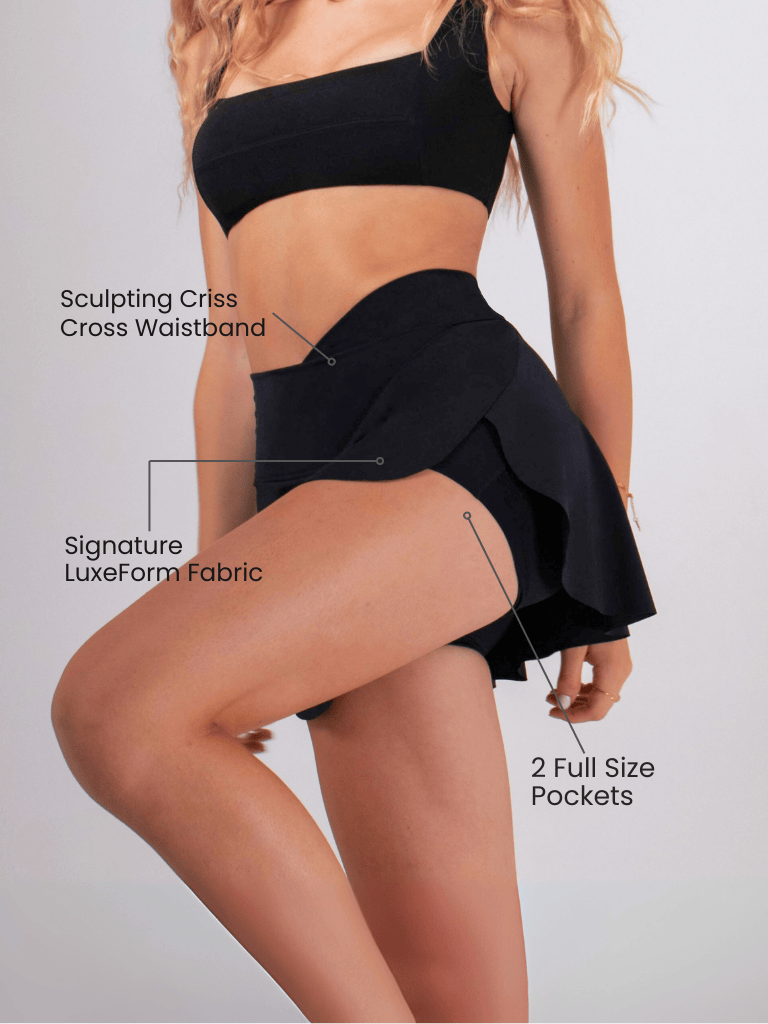 Load image into Gallery viewer, Women's Athletic Skort with Built-In Shorts &amp; Pockets - Black | LuxeForm Criss-Cross Waist
