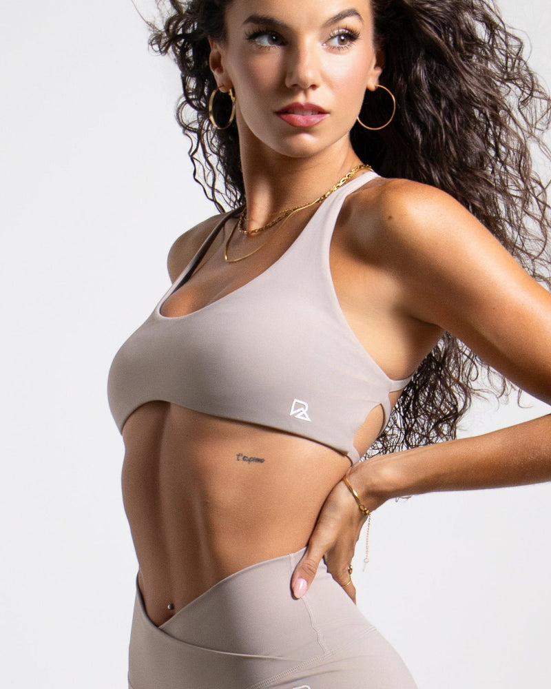 Load image into Gallery viewer, Women's Strappy Open-Back Sports Bra - Taupe | Scoop Neckline Medium Support
