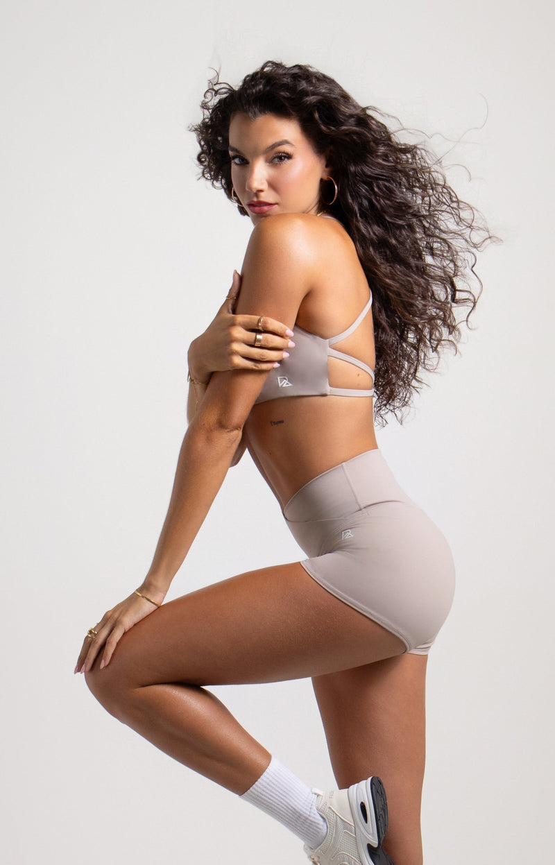 Load image into Gallery viewer, Women's Strappy Open-Back Sports Bra - Taupe | Scoop Neckline Medium Support
