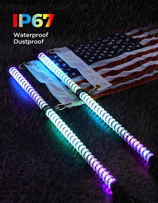 2PCS 3FT COB Whip Lights w/ App & Remote Control for UTV ATV Boats