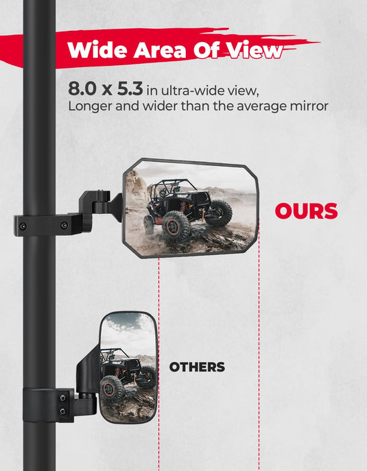 UTV Side Mirrors, Tool-free Multi-Adjustment for Can Am Maverick X3/ RZR w/ 1.65-2" Roll bar