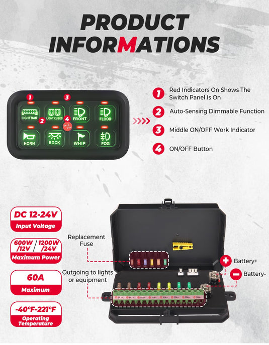 12-24V 8 Gang Switch Panel for Cars, UTVs, Trucks, Wrangler & RZR X3