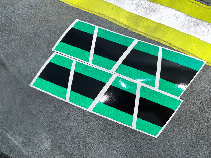 Load image into Gallery viewer, GREEN &amp; BLACK TRIPLE STRIPE REFLECTIVE HELMET (TET) TETRAHEDRON 8 PACK
