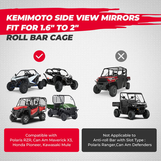 UTV Side Mirrors for 1.6" - 2" Roll Bar Cage (1 pair)