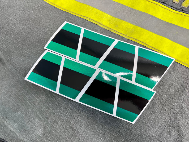 Load image into Gallery viewer, GREEN &amp; BLACK TRIPLE STRIPE REFLECTIVE HELMET (TET) TETRAHEDRON 8 PACK
