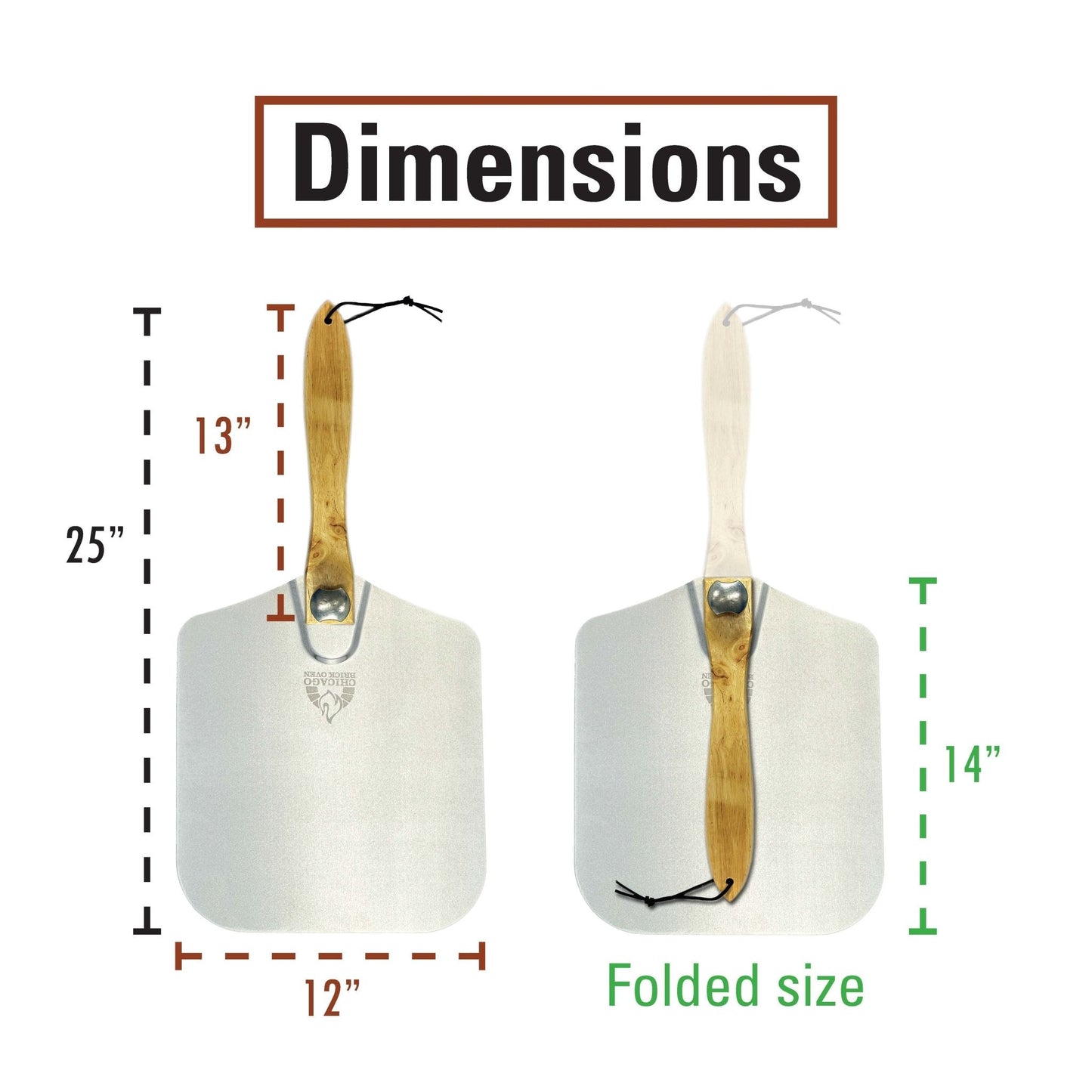 Chicago Brick Oven Aluminum Pizza Peel 12" x 14" with Foldable Wooden Handle - 25" Long