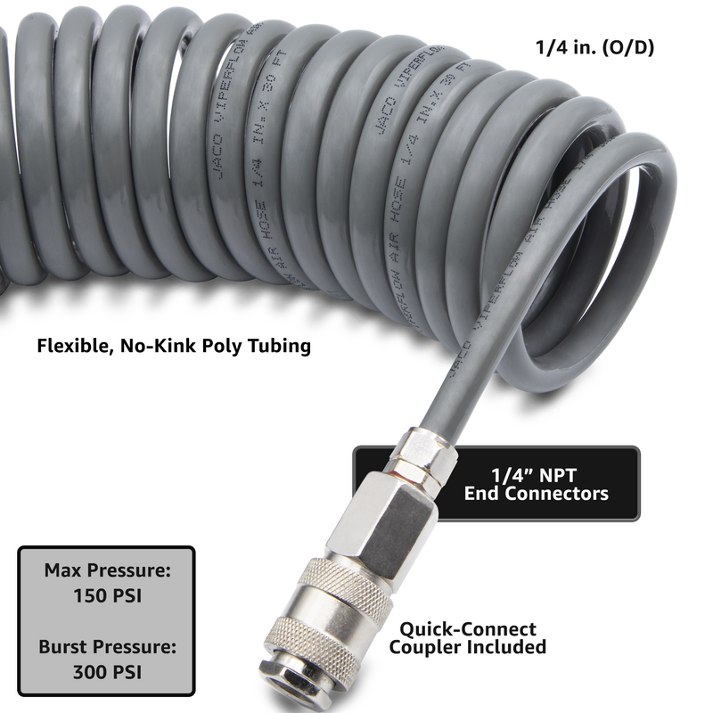 Load image into Gallery viewer, Polyurethane Coiled Air Hose Kit - 1/4&quot; x 30 ft | with Air Compressor Fittings
