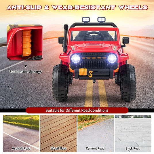 Interactive 12V Ride On Truck with Remote Control, LED Lights, and Music for Parent-Child Fun