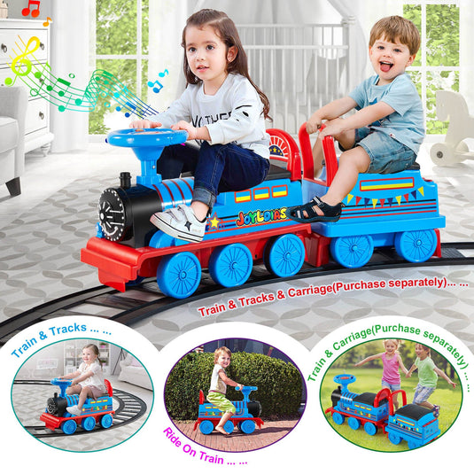 Interactive 6V Electric Kids Train Set with Track, Carriage, Lights, Whistle, Music, Storytelling, and Storage