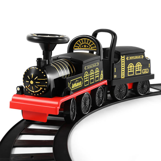 Interactive 6V Electric Kids Train Set with Track, Carriage, Lights, Whistle, Music, Storytelling, and Storage