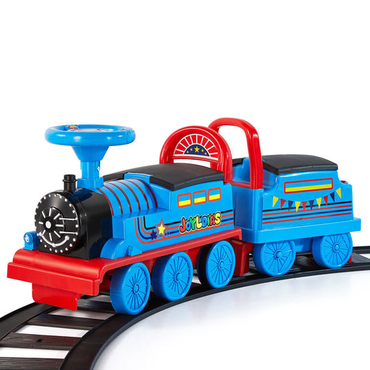 Interactive 6V Electric Kids Train Set with Track, Carriage, Lights, Whistle, Music, Storytelling, and Storage