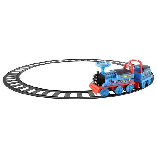 Interactive 6V Electric Kids Train Set with Track, Carriage, Lights, Whistle, Music, Storytelling, and Storage